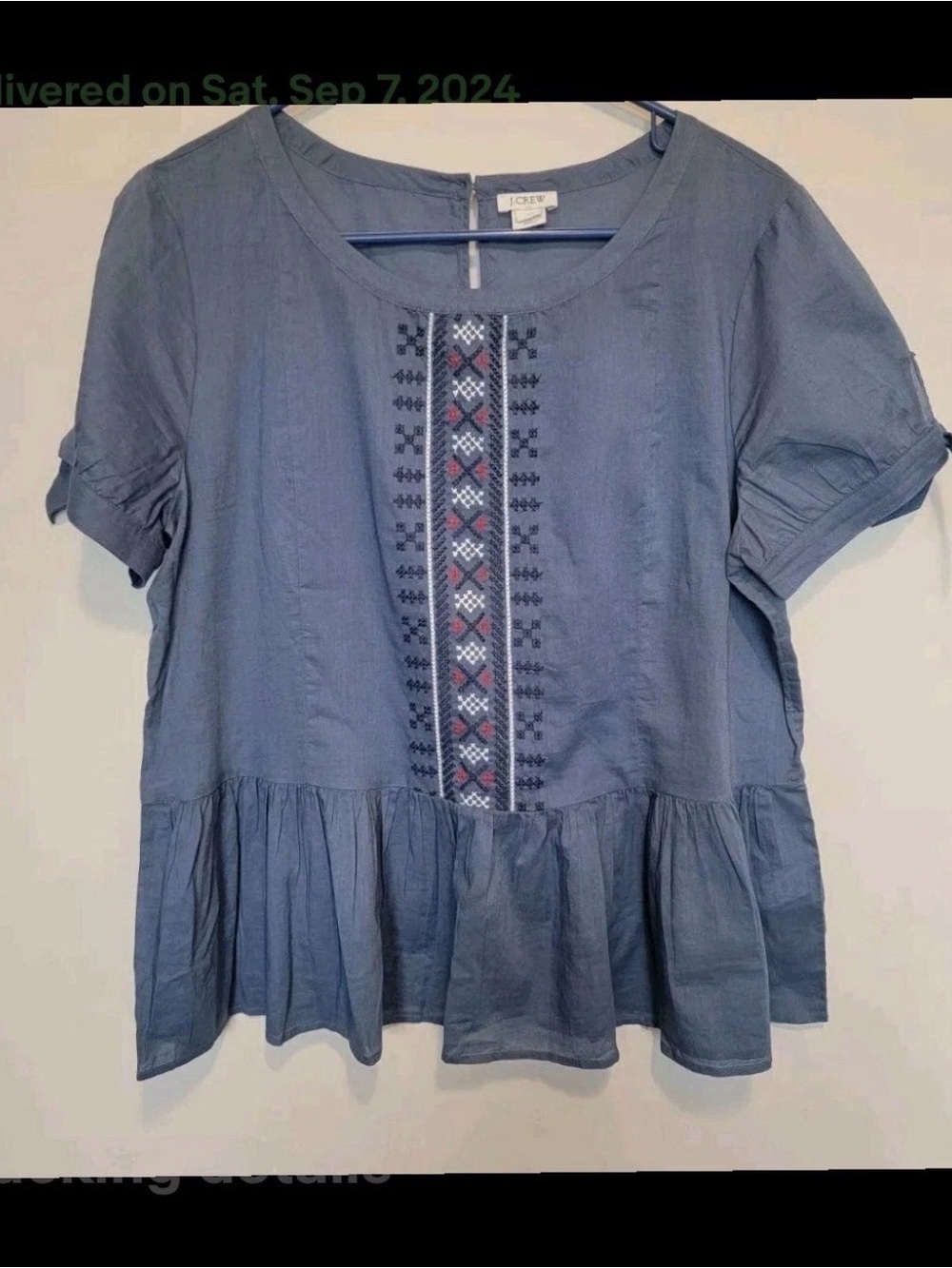 J Crew Womens Blue Embroidered Tie Sleeve Peplum Top Lightweight Boho Size 10